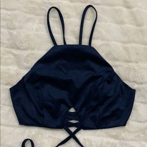 Navy Blue Suede Crop Wrap Top